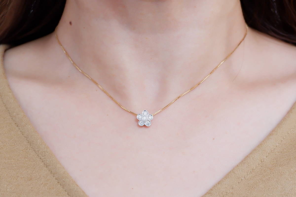 AbHeri K18 Pt900 ダイヤモンド 0 28t ネックレス フラワー 花 アベリ 