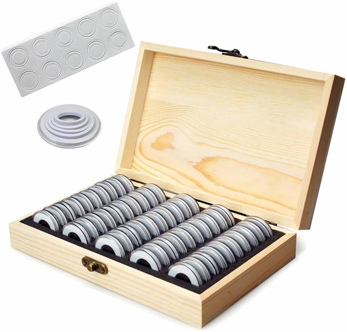 コイン コレクションケース 硬貨 木製 ボックス 木箱 50枚付き_画像1
