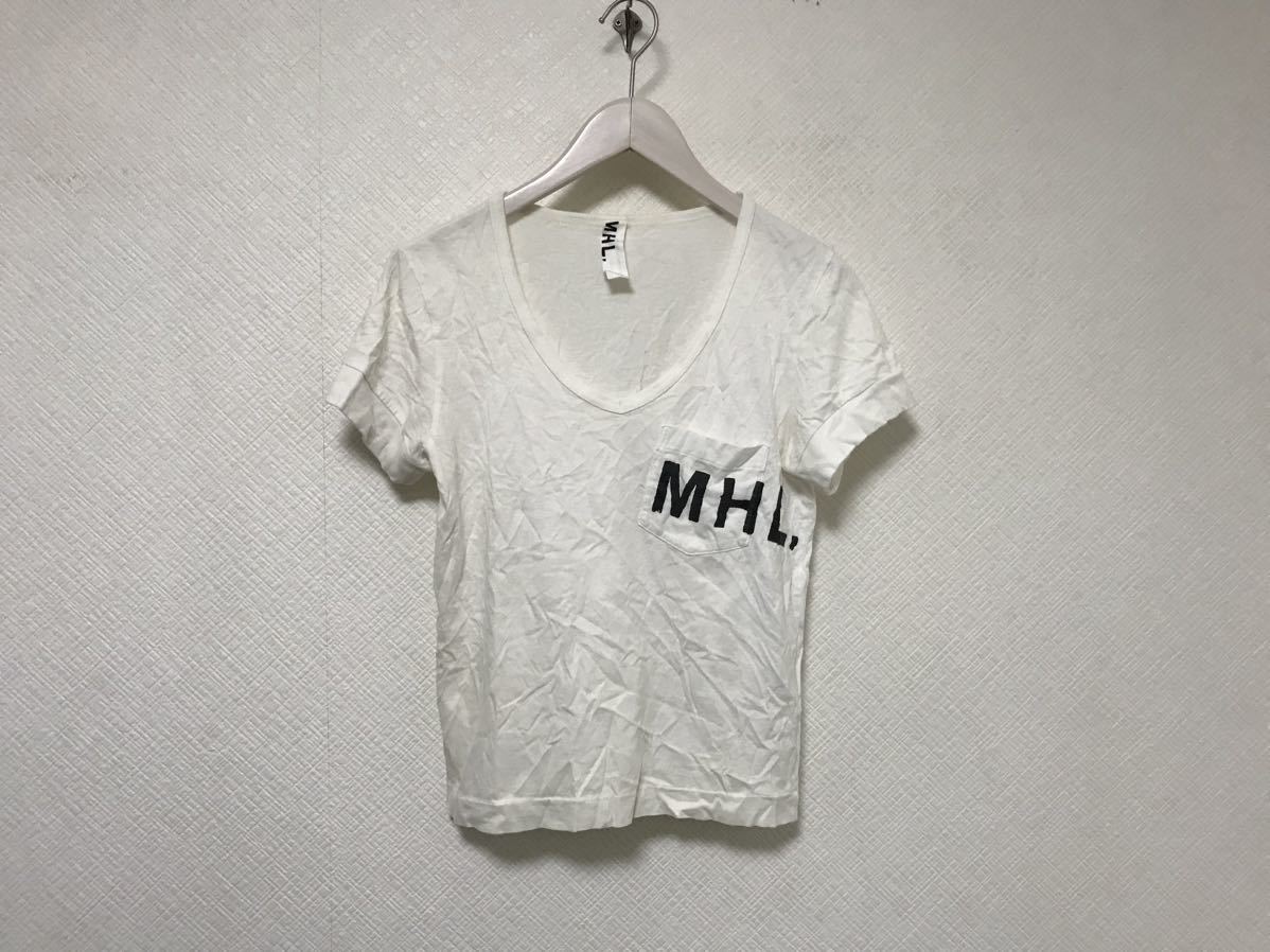 本物マーガレットハウエルMHL MARGARETHOWELLコットンVネックポケットロゴプリント半袖Tシャツレディースアメカジサーフ白日本製2M_画像1