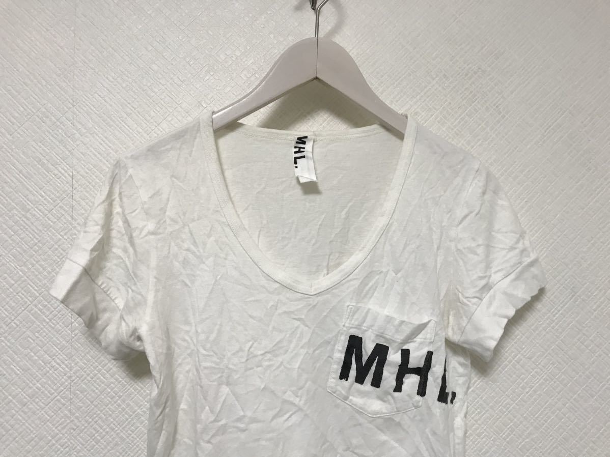 本物マーガレットハウエルMHL MARGARETHOWELLコットンVネックポケットロゴプリント半袖Tシャツレディースアメカジサーフ白日本製2M_画像2