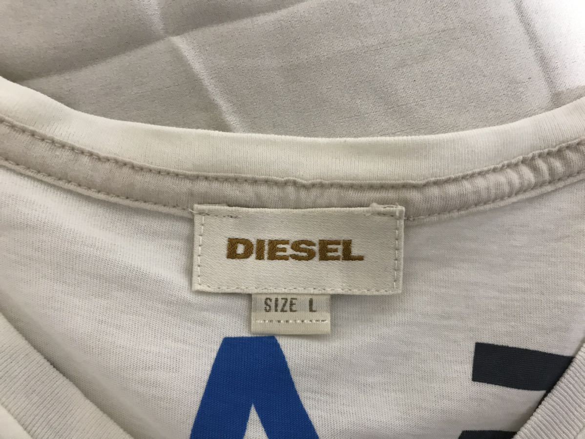 本物ディーゼルDIESELコットンプリントVネック半袖TシャツメンズアメカジサーフミリタリービジネススーツL白ホワイトインド製