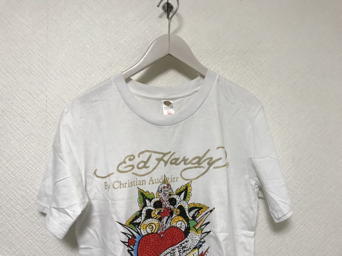◆Ed Hardy◆フライト プレミアム Tシャツ 送料込 美品本物エドハーディーEdHardyプリントラインストーン半袖T