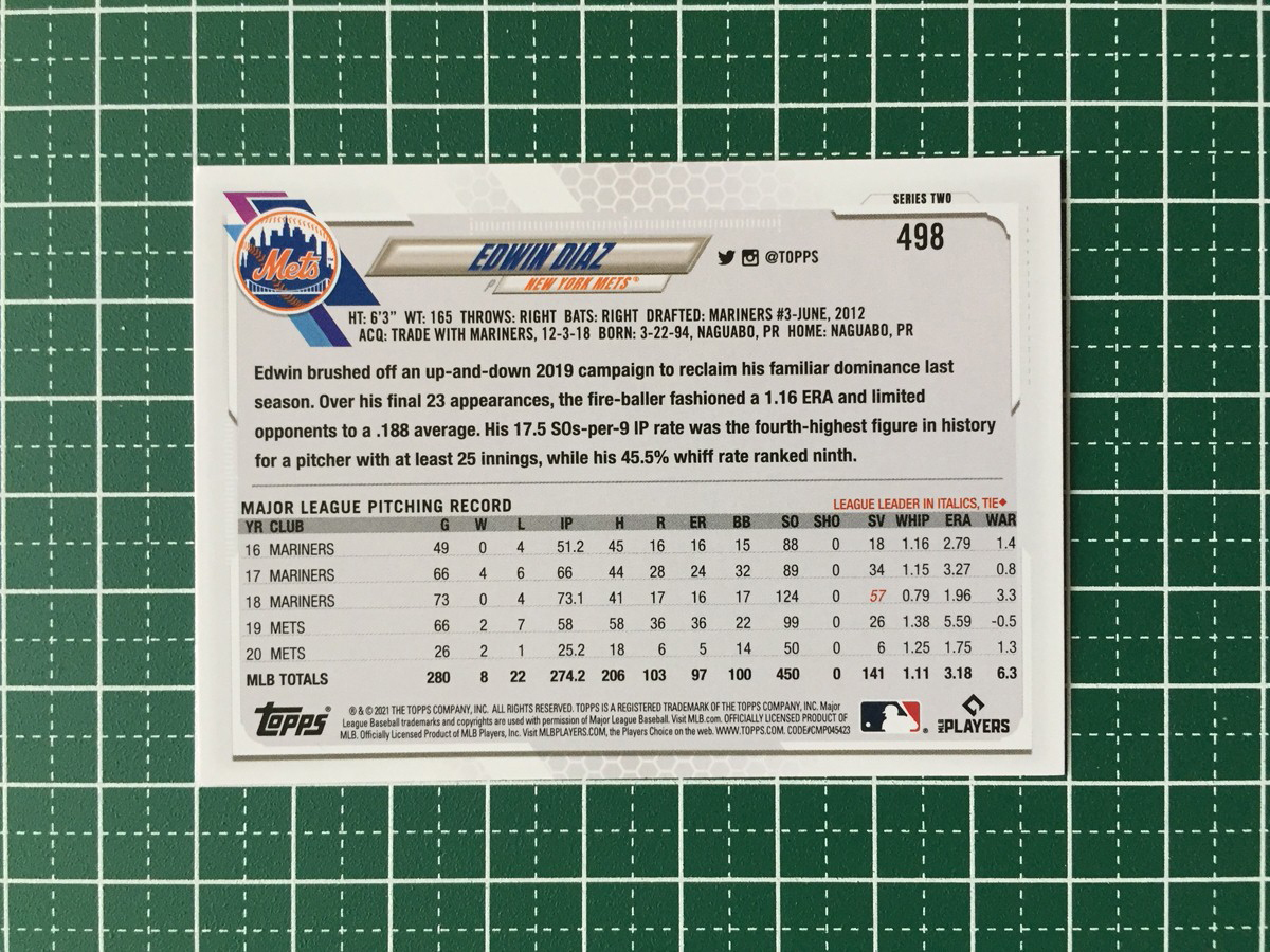 ★TOPPS MLB 2021 SERIES 2 #498 EDWIN DIAZ［NEW YORK METS］ベースカード★_画像2