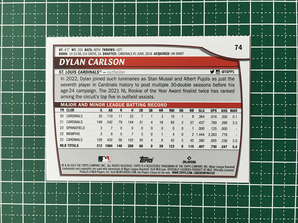 ★TOPPS MLB 2023 BIG LEAGUE #74 DYLAN CARLSON［ST. LOUIS CARDINALS］ベースカード「COMMON」★_画像2