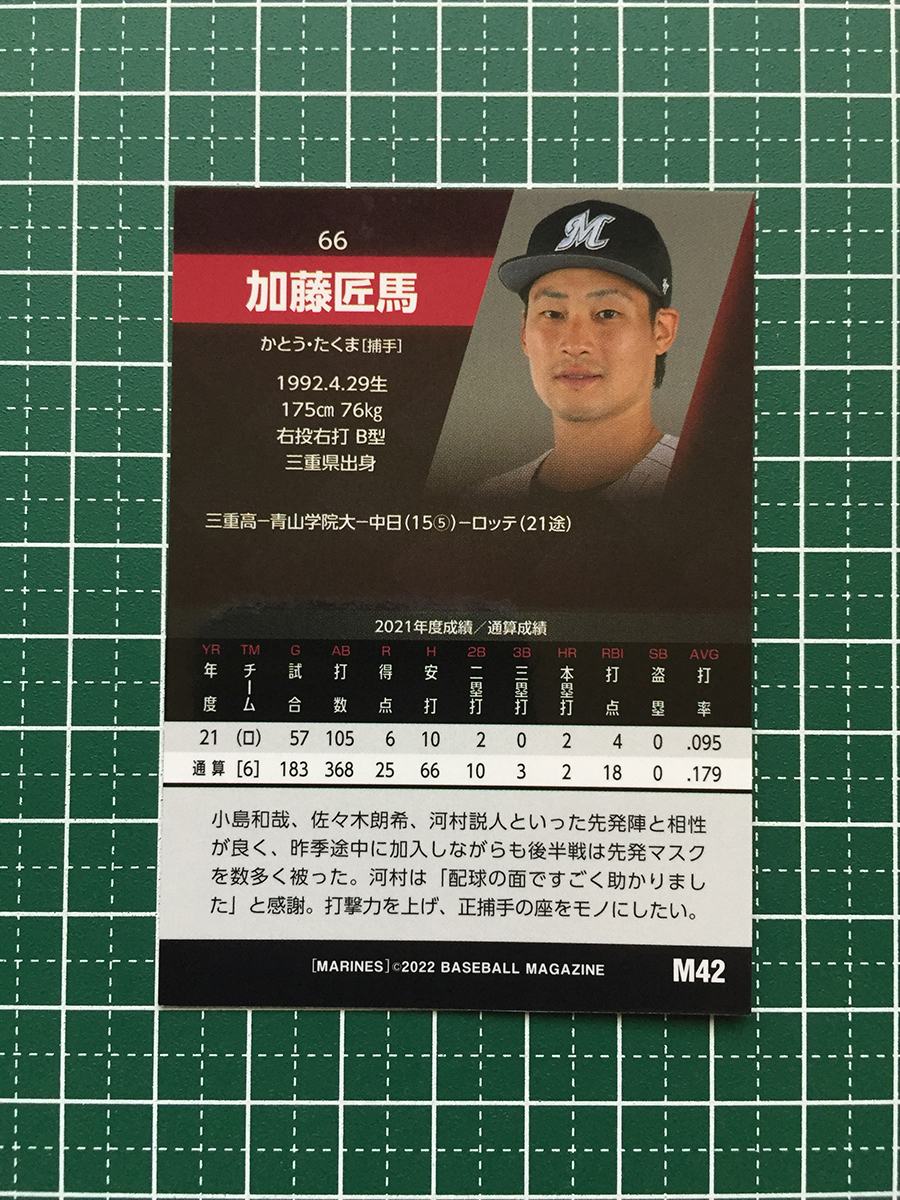 ★BBM 2022 プロ野球 ベースボールカード #M42 加藤匠馬［千葉ロッテマリーンズ］レギュラーカード★の画像2