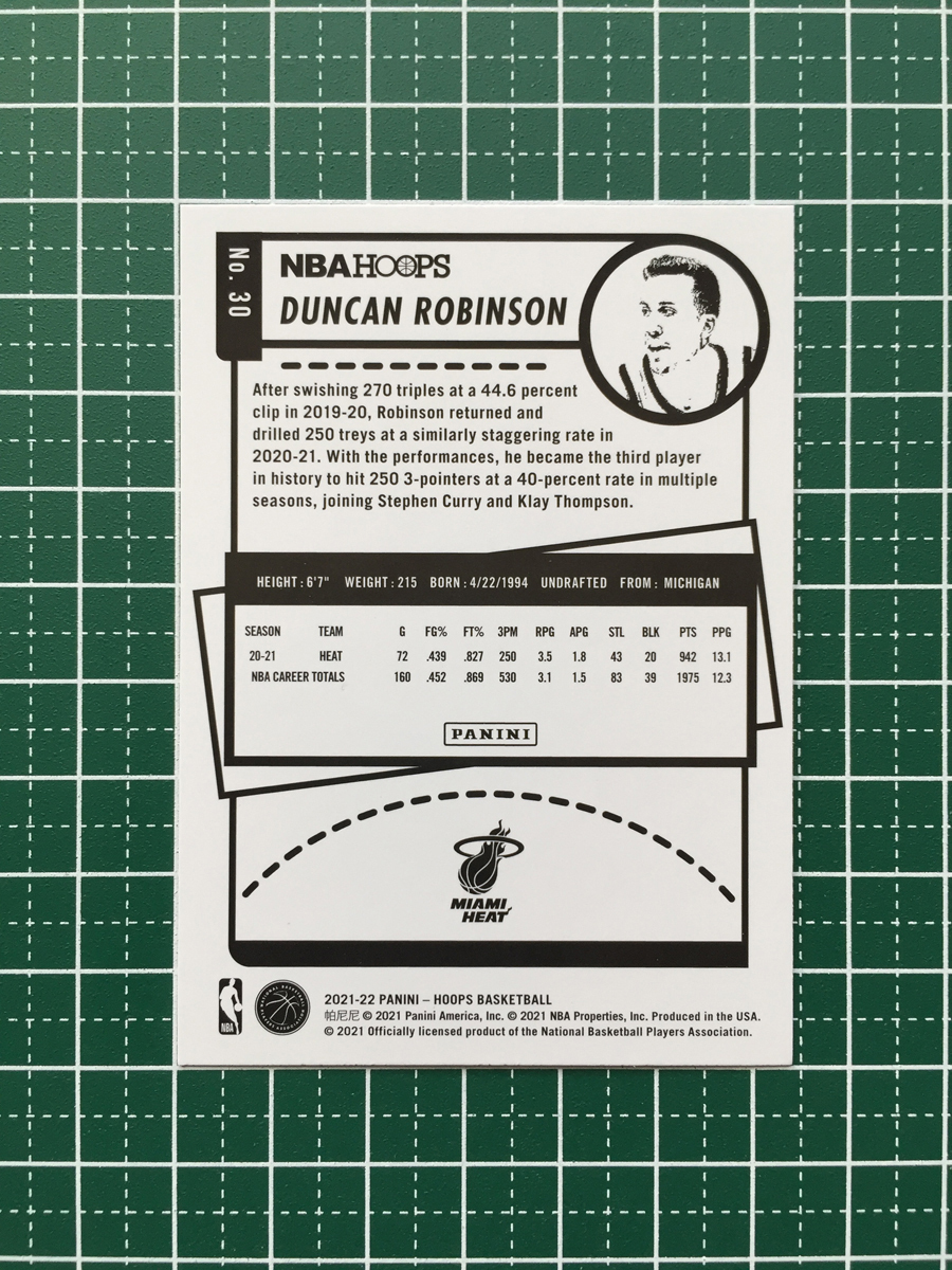 ★PANINI 2021-22 NBA HOOPS #30 DUNCAN ROBINSON［MIAMI HEAT］ベースカード「BASE」★_画像2