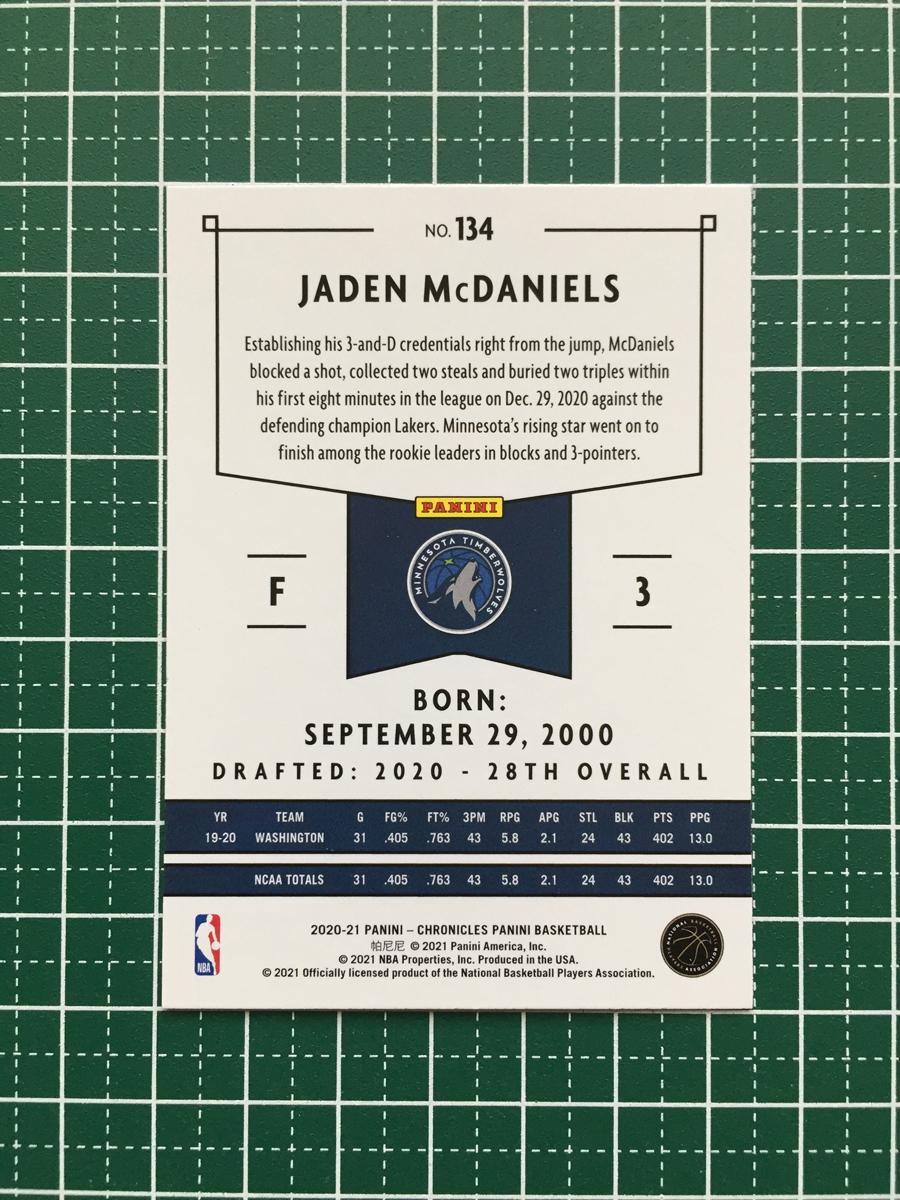 ★PANINI 2020-21 NBA CHRONICLES #134 JADEN MCDANIELS［MINNESOTA TIMBERWOLVES］ベースカード「PANINI」ルーキー「RC」★の画像2