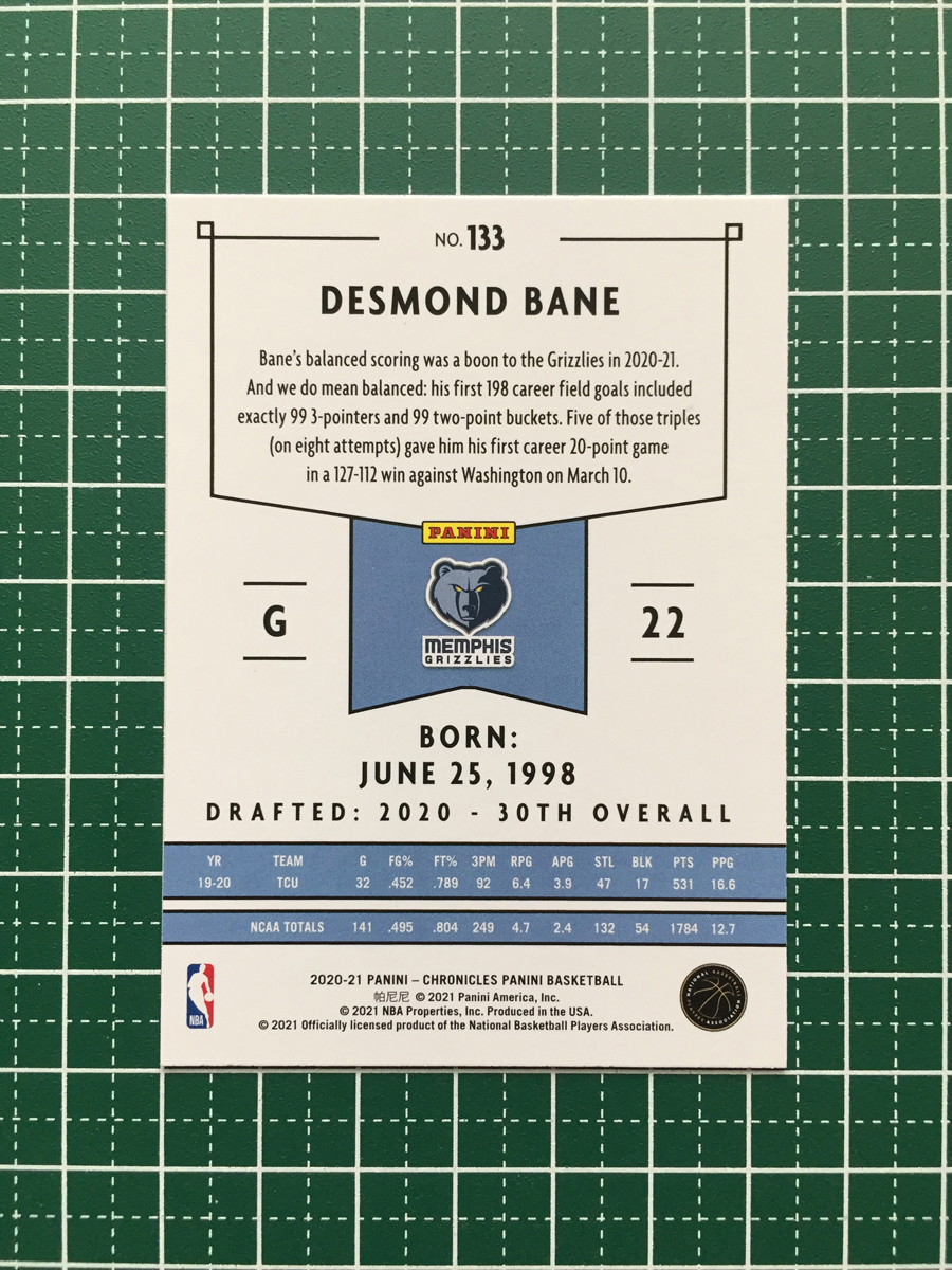 ★PANINI 2020-21 NBA CHRONICLES #133 DESMOND BANE［MEMPHIS GRIZZLIES］ベースカード「PANINI」ルーキー「RC」★の画像2