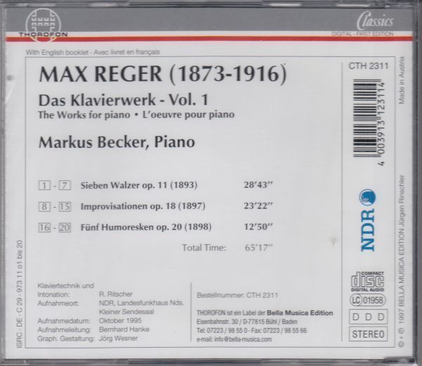 [CD/Thorofon]レーガー:7つのワルツ集Op.11&8つの即興曲集Op.18&5つのフモレスケOp.20/マルクス・ベッカー(p) 1995.10_画像2