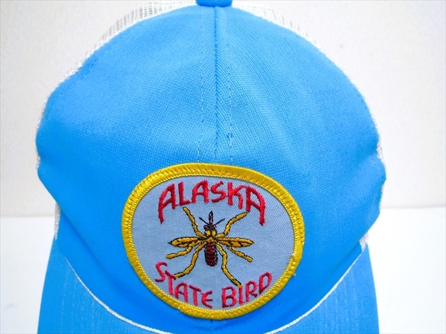 ビンテージ ALASKA STATE BIRD メッシュキャップ 帽子 CAP 水色×白 100％ポリエステル KOREA製 虫 ワッペン アウトドア 男女兼 M/L_画像9