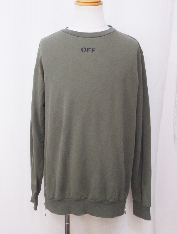 期間限定SALE お買得！オフホワイト OFF-WHITE サイドジップ スウェット トレーナー 裏起毛 メンズ M オリーブカーキ nm4608  ファッション