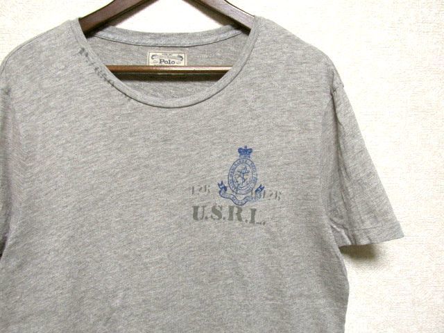 ★美品★Polo RALPH LAUREN ラルフローレン U.S.R.L. プリント Tシャツ L★杢グレー 霜降り ステンシル入り クルーネック 100%コットン_画像3