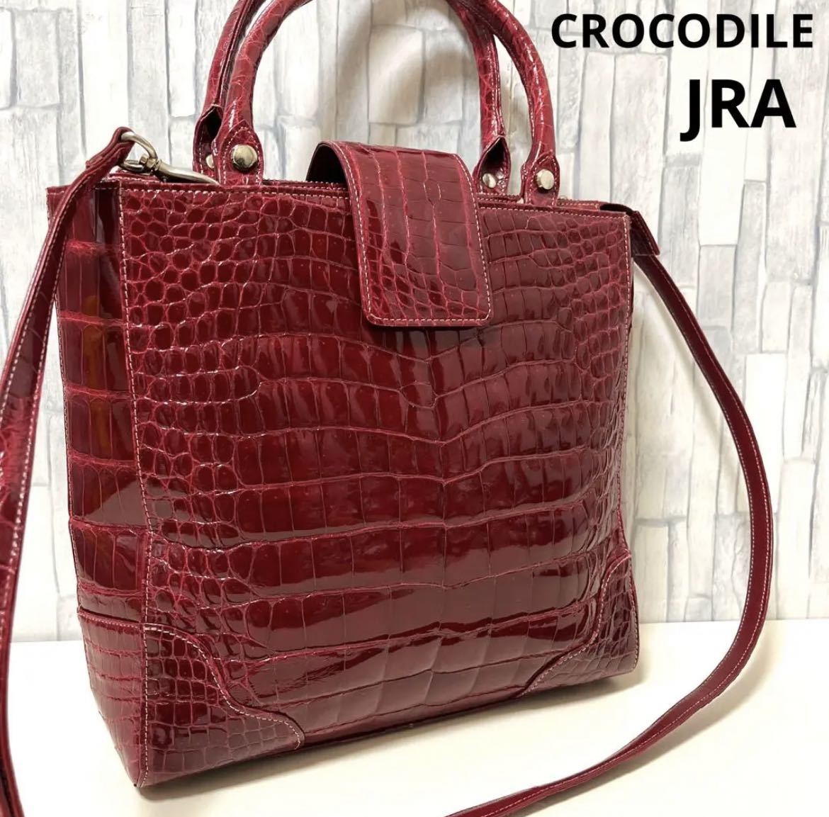 値下げ CROCODILE クロコダイル JRA シャイニング 本物 ショルダーバッグ ハンドバッグ 2way 斜め掛け センター取り レッド 赤