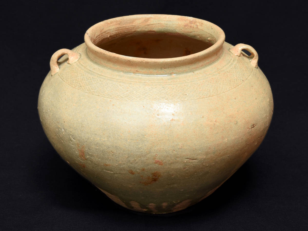 中国美術 時代 青磁 耳付 広口壺 小壺 高11.6㎝ 壺 壷 花器 花生 花入