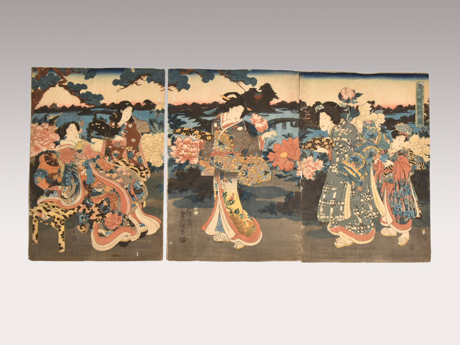 真作】 三代 歌川豊国 大判錦絵三枚続「園胡蝶牡丹英」版画 木 真作】 三代 歌川豊国 大判錦絵三枚続「園胡蝶牡丹英」版画 木