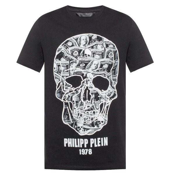 【CU】PHILIPP PLEIN フィリップ プレイン 半袖 Ｔシャツ MTK3205 ブラック ドル紙幣 ビッグ スカル Skull ロゴチェーン【新品・正規品】