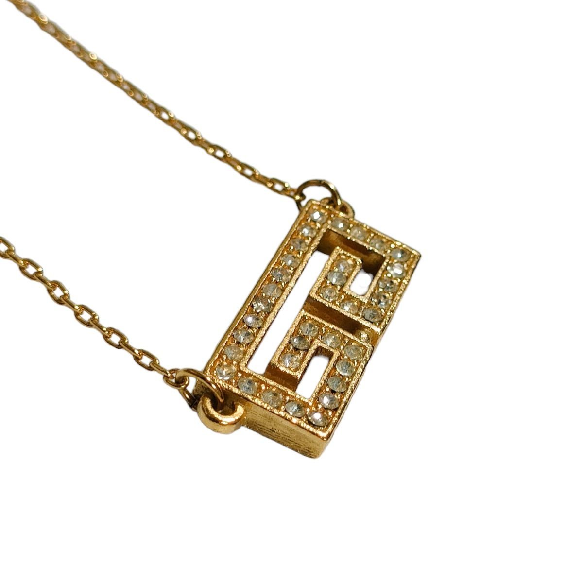 美品 70’S GIVENCHY ジバンシィ ヴィンテージ GGロゴ ラインストーン チェーン ペンダント ネックレス アクセサリー ゴールド J0403の画像2