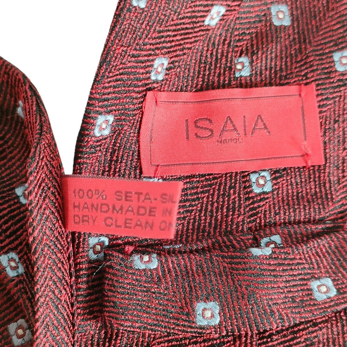 ほぼ美品 ISAIA イザイア 7FOLD セッテピエゲ シルク100％ ヘリンボーン 小花柄 レギュラータイ ネクタイ レッド×ブラック×ライトブルー_画像6