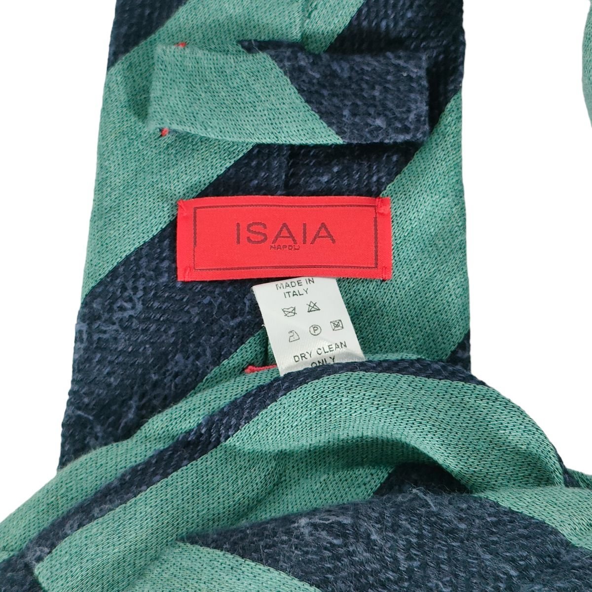 美品 ISAIA イザイア 7FOLD セッテピエゲ コットン×リネン レジメンタルストライプ柄 レギュラータイ ネクタイ ネイビー×グリーン J0303_画像7