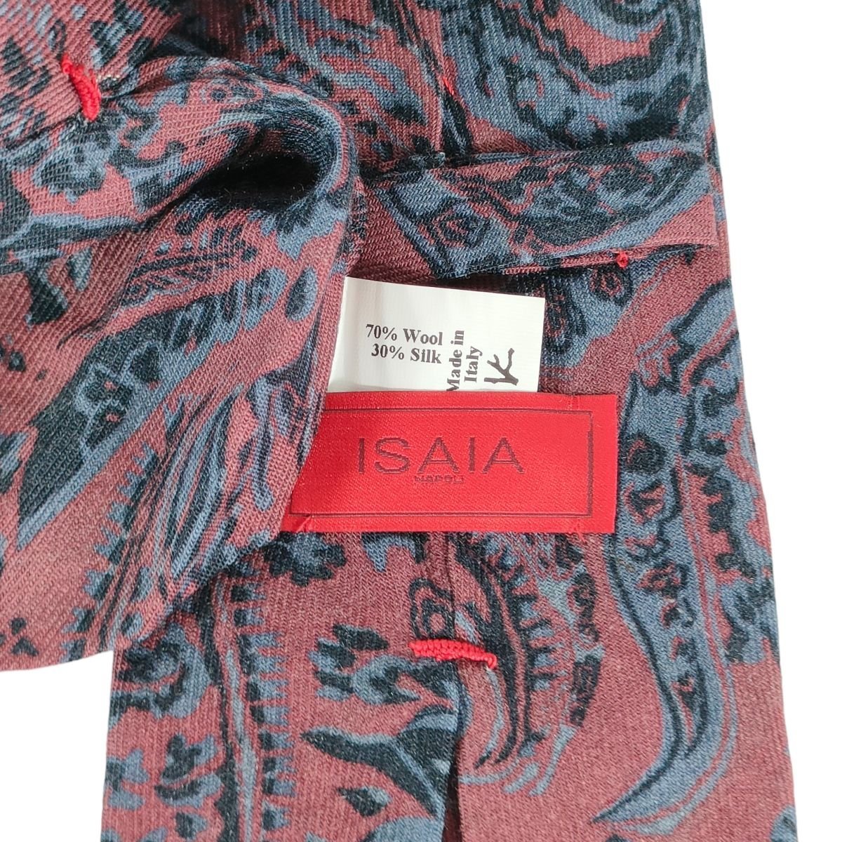 美品 ISAIA イザイア 7FOLD セッテピエゲ ウール×シルク ペイズリー柄 レギュラータイ ネクタイ 赤×紺 レッド×ネイビー J0303_画像6