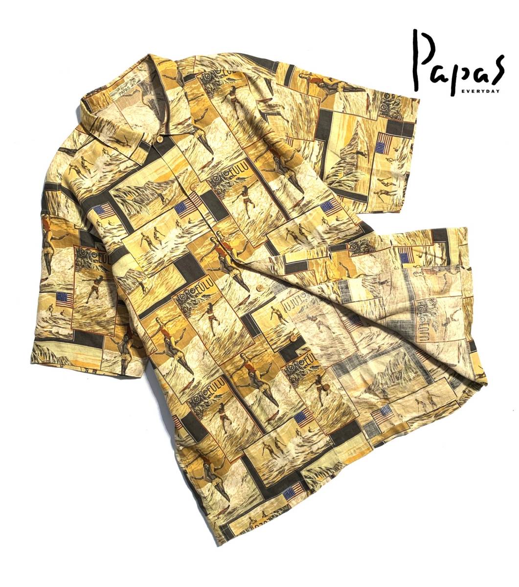 極美品【定価3万超】Papas パパス リネン 半袖シャツ M 麻 総柄【クラシックサーファー 星条旗柄】送料370円 メンズ 日本製