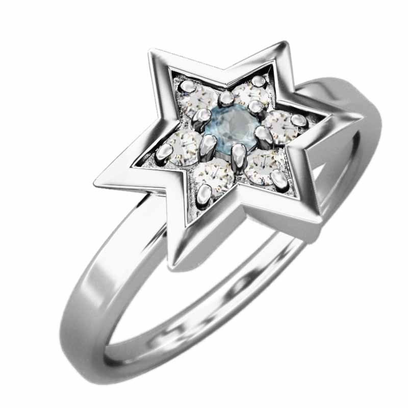 白金（プラチナ）900 指輪 アクアマリン 天然ダイヤモンド 3月誕生石 ダビデ 星 六芒星中サイズ