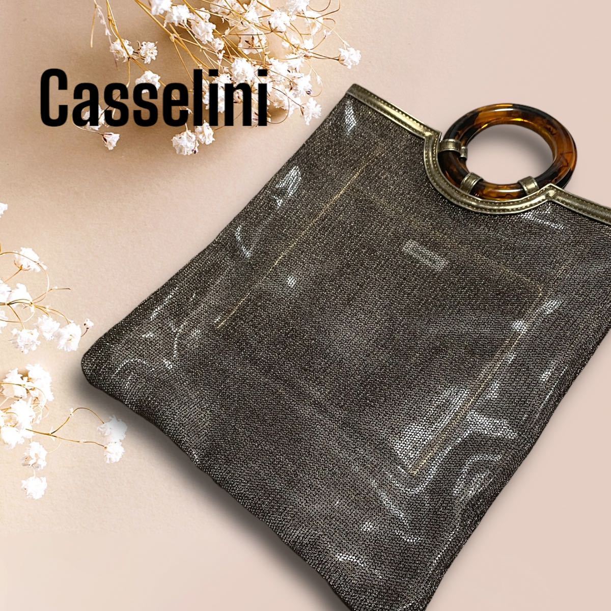 casselini キャセリーニ　ハンドバッグ　メッシュ　ベッコウ　鼈甲持ち手 クリアハンド_画像1