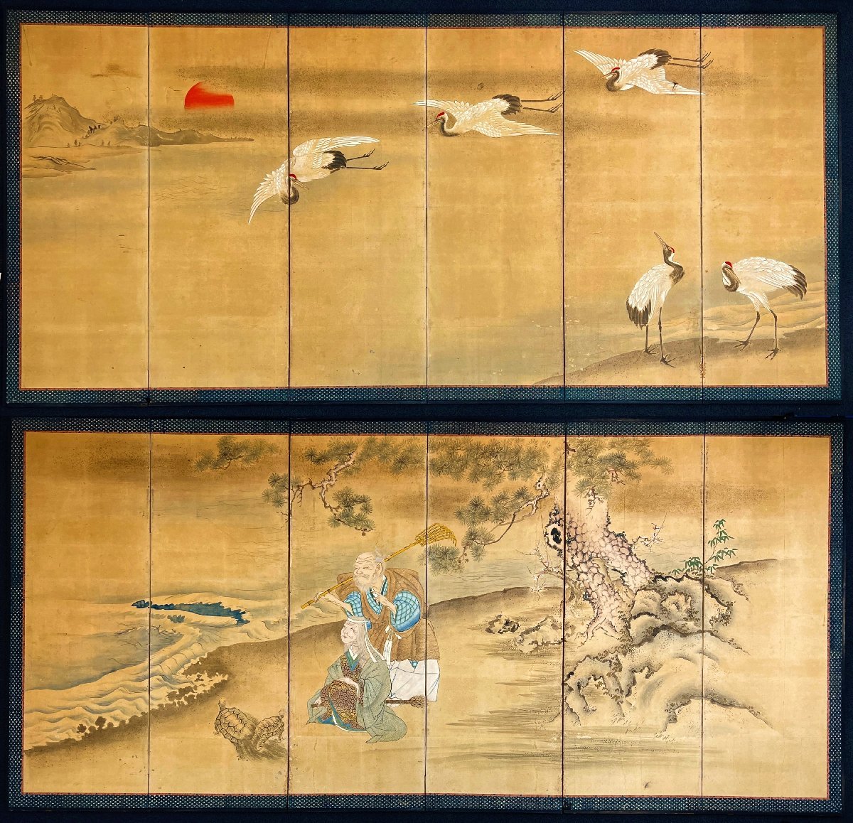 六曲一双屏風 良縁図 高砂 鶴亀 紙本 肉筆 時代屏風 無落款 日本 六曲一双屏風 良縁図 高砂 鶴亀 紙本 肉筆 時代屏風 無落款 日本
