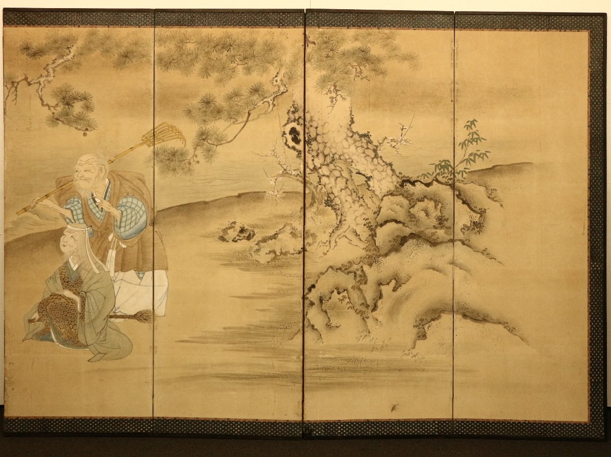 六曲一双屏風 良縁図 高砂 鶴亀 紙本 肉筆 時代屏風 無落款 日本 六曲一双屏風 良縁図 高砂 鶴亀 紙本 肉筆 時代屏風 無落款 日本