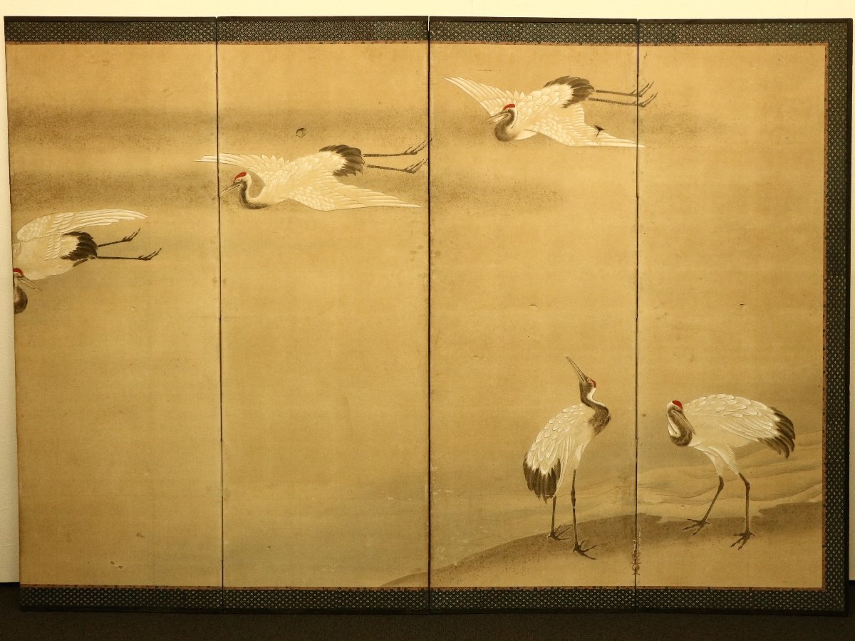 六曲一双屏風 良縁図 高砂 鶴亀 紙本 肉筆 時代屏風 無落款 日本 六曲一双屏風 良縁図 高砂 鶴亀 紙本 肉筆 時代屏風 無落款 日本