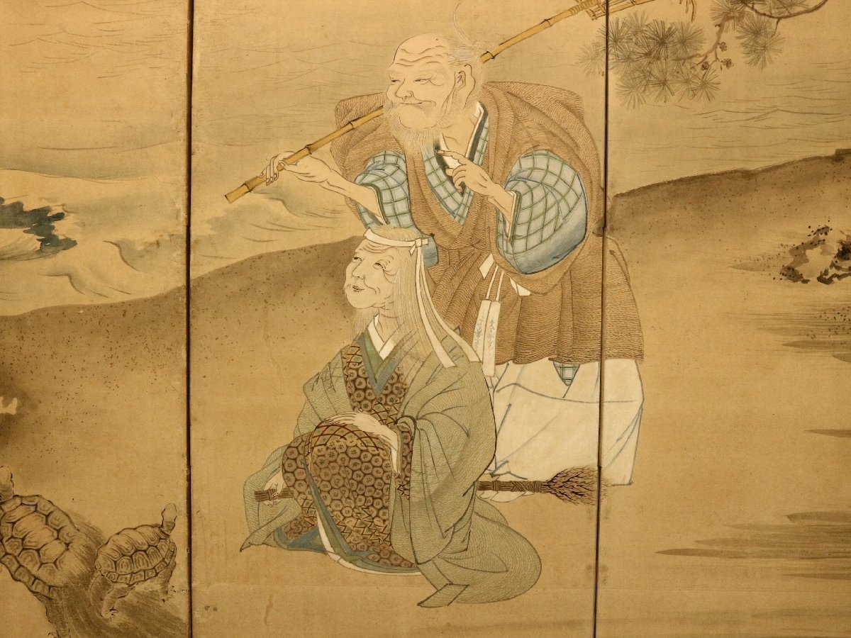 六曲一双屏風 良縁図 高砂 鶴亀 紙本 肉筆 時代屏風 無落款 日本 六曲一双屏風 良縁図 高砂 鶴亀 紙本 肉筆 時代屏風 無落款 日本