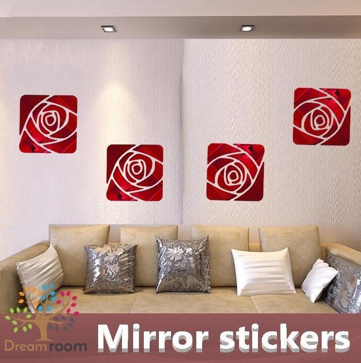 エレガント　薔薇　ミラーウォールステッカー　鏡面　割れない鏡　シール　インテリア　ウォールデコ　壁掛け　40×40cm　1枚