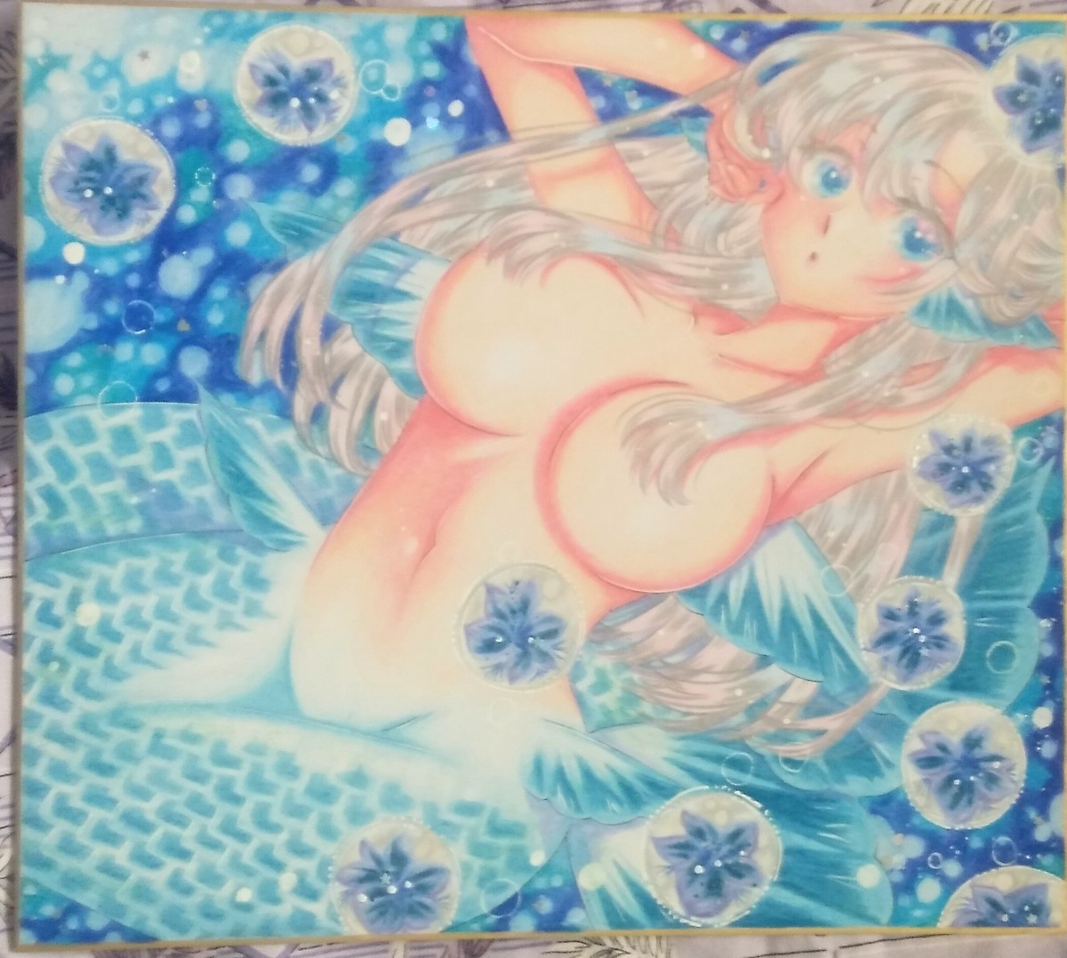 hand-drawn illustrations original * blue flower . person fish san * click post free shipping 