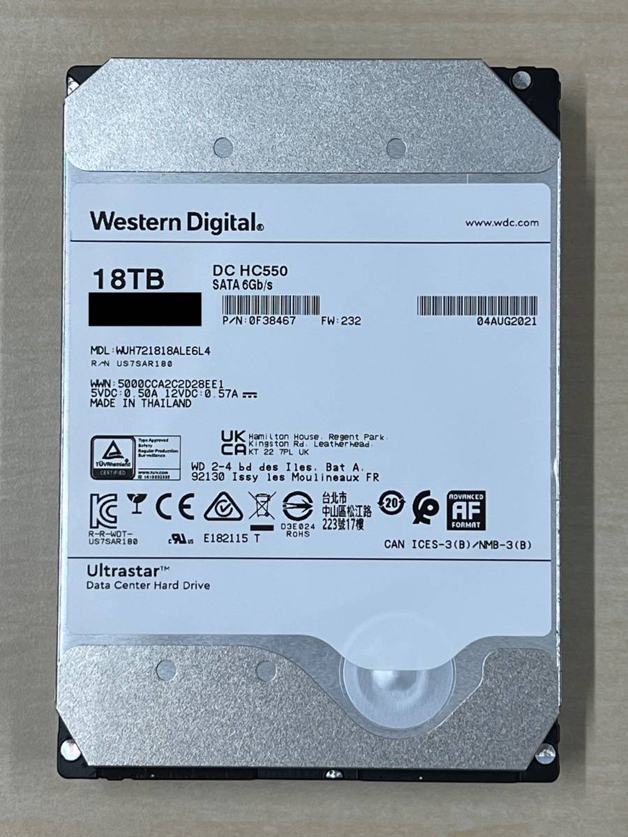 WESTERN DIGITAL 3.5インチ 18TB Ultrastar DC HC550 WUH721818ALE6L4 ヘリウム填充 24回 153時間 完全動作品_画像1