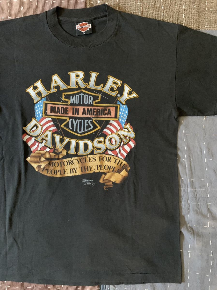 90s L harley davidson 3D EMBLEM vintage Tシャツ ハーレー ビンテージ アメリカンフラッグ 1990 バイク_画像1