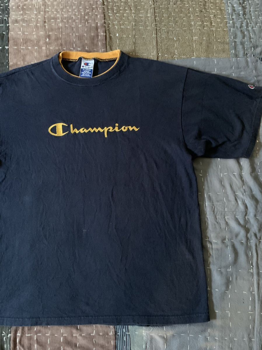 90s XL champion リブ2重 USA製 スクリプト ロゴ Tシャツ vintage アメリカ製 ビンテージ navy ネイビー 紺 イエロー マスタード yellow