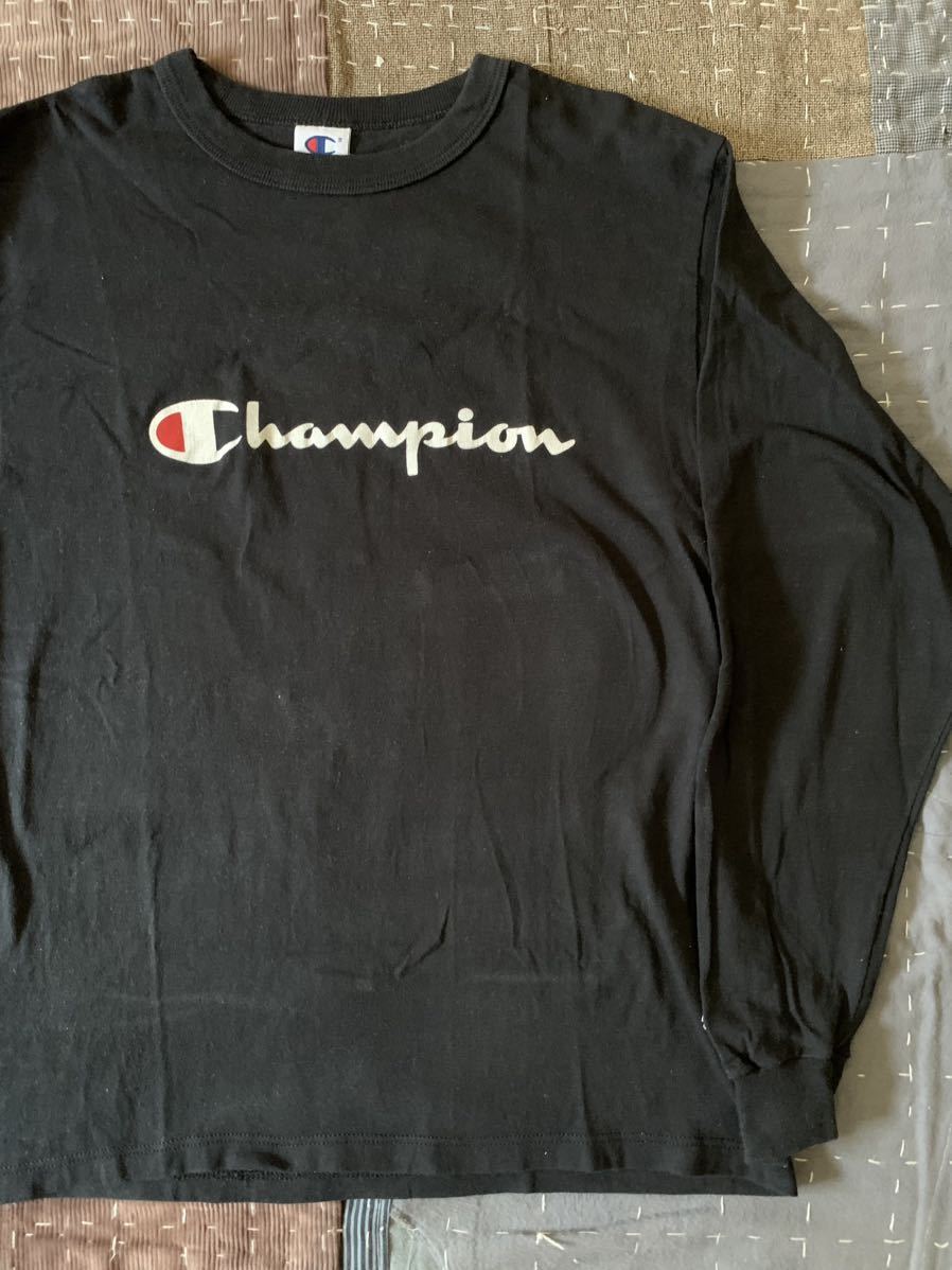 90s L champion 黒 スクリプト ロゴ vintage Tシャツ ロンT USA製 アメリカ製 チャンピオン ビンテージ black ブラック 無地