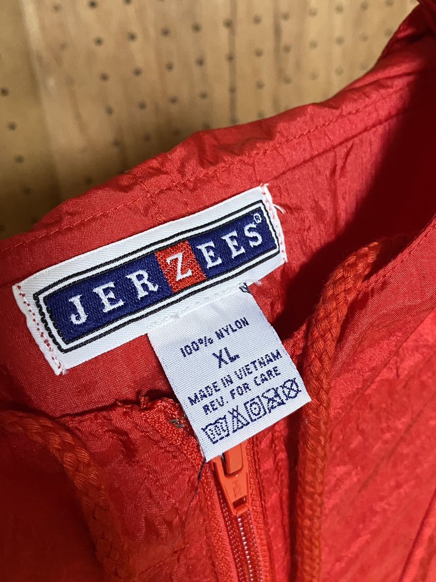 古着 90年代 90s JERZEES ジャージーズ ナイロン プリント ロゴ アノラック プルオーバー パーカー 赤 レッド XL 2XL ビッグ パッカブル