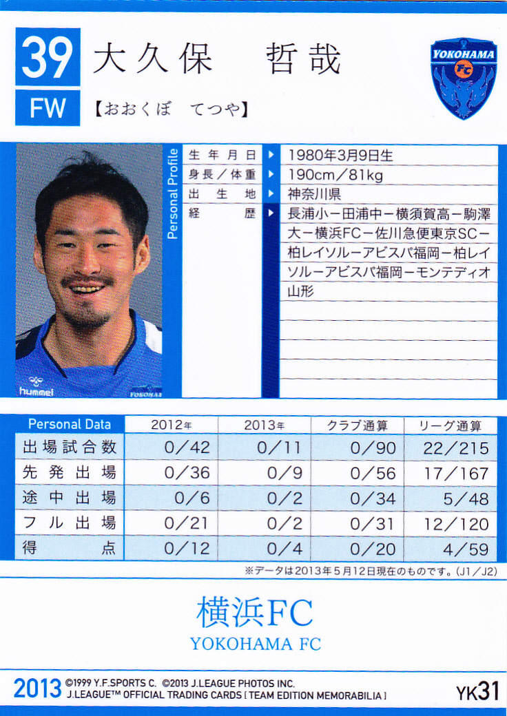 横浜ＦＣ2013 YK31 大久保哲哉 Ｊリーグオフィシャルトレーディングカード チームエディションメモラビリア　田浦中　横須賀高 柏レイソル_画像2