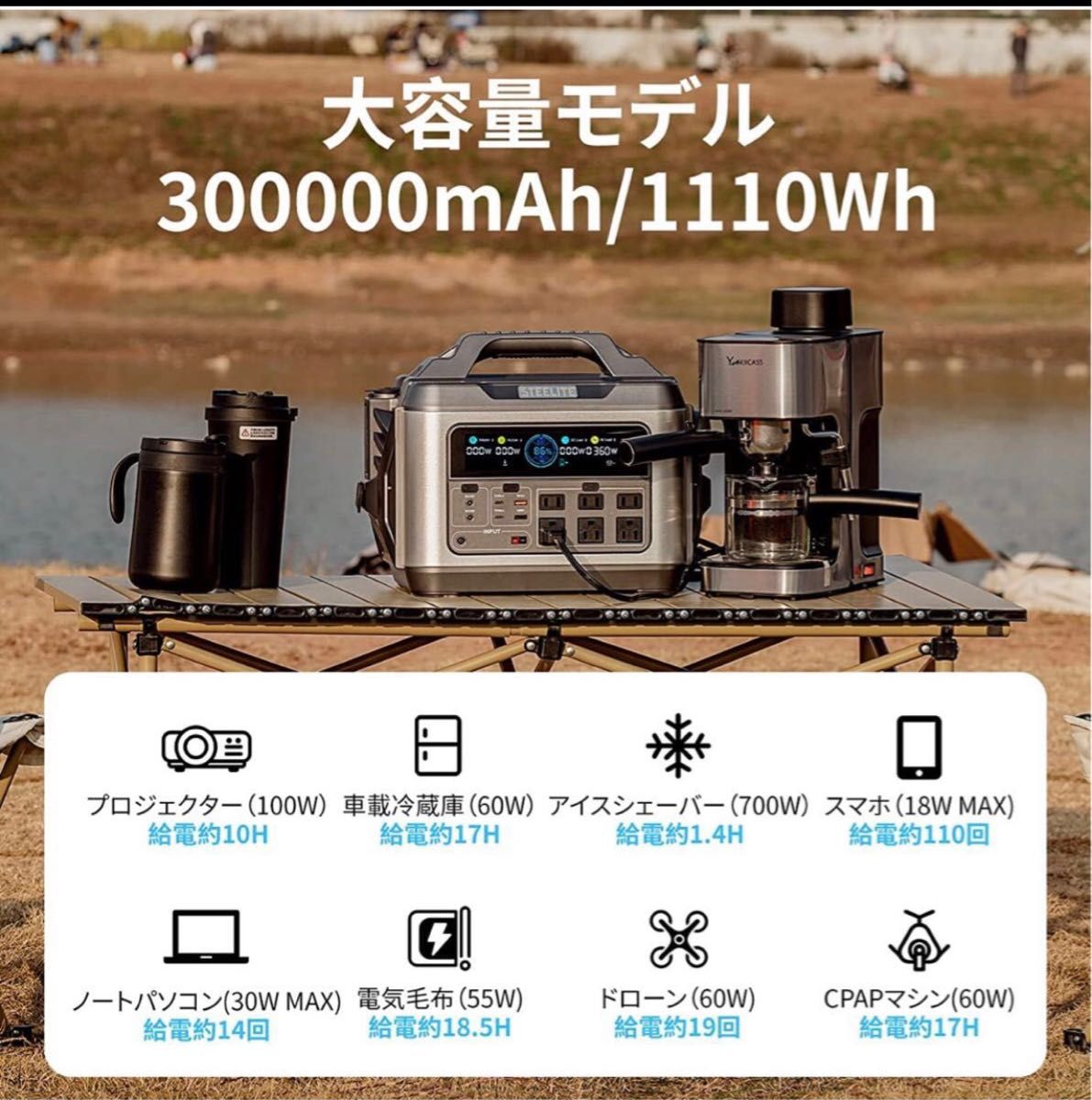 ポータブル電源 大容量1200W/300000mAh 蓄電池 PSE認証済/純正弦波 MPPT制御方式採用 AC