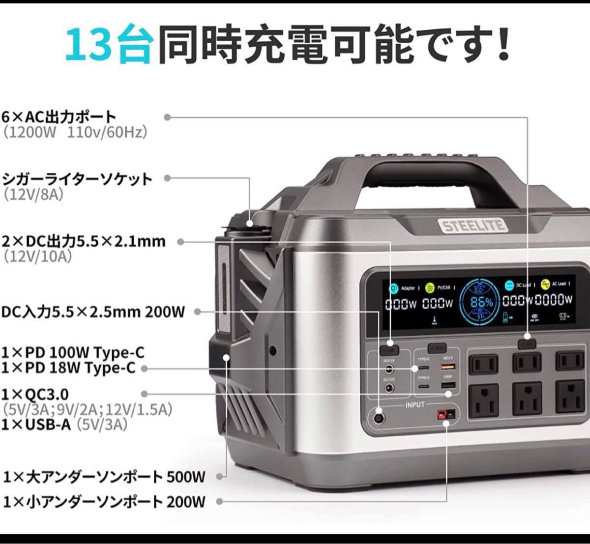 ポータブル電源 大容量1200W/300000mAh 蓄電池 PSE認証済/純正弦波 MPPT制御方式採用 AC