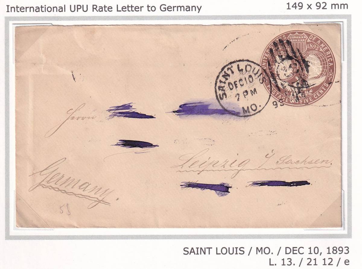 米国 ＃Ｕ３５０ ５ｃコロンブス博記念切手付封筒 ドイツ宛外信使用例の画像2
