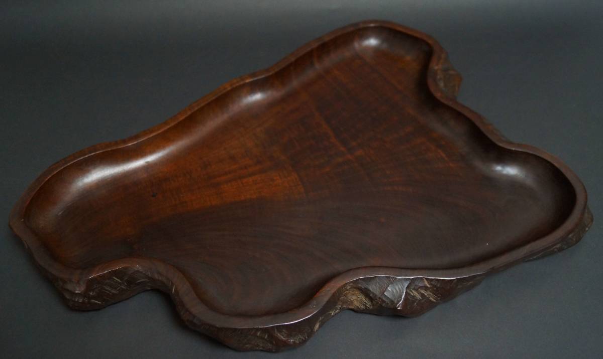 閑】☆煎茶道具☆欅製 大型刳り貫き煎茶盆 肉厚 自然体盆 長さ43.8cm