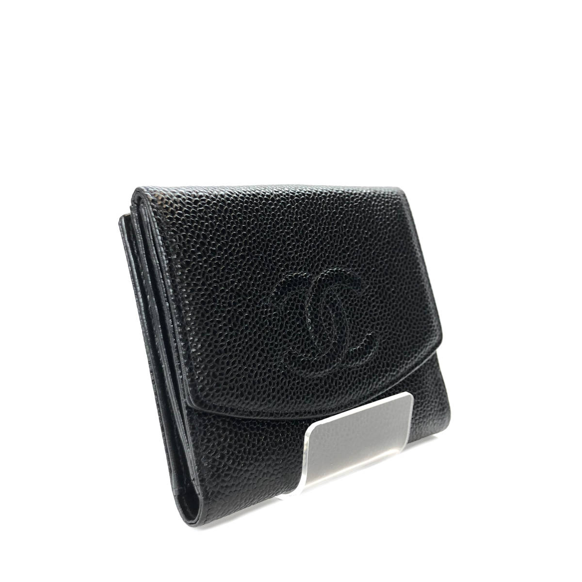 【中古美品】 CHANEL シャネル ココマーク 二つ折り財布 コンパクト財布 Wホック キャビアスキン ブラック 6番台 A13496の画像2