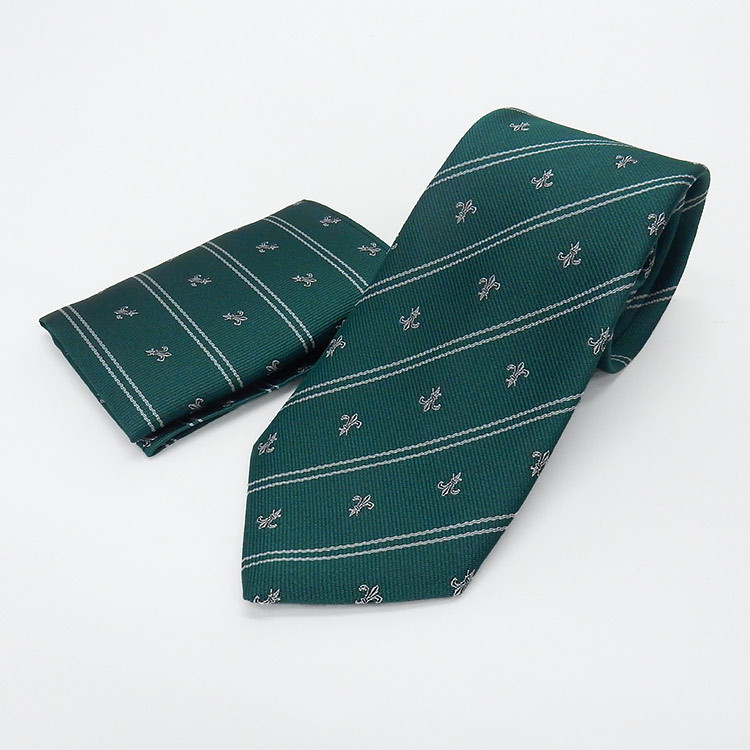 日本製ネクタイ　ポケットチーフ付　クレストタイ（ユリの紋章）　緑×銀　洗濯機OK　甲州織　メール便OK　NAP50-GR_画像1