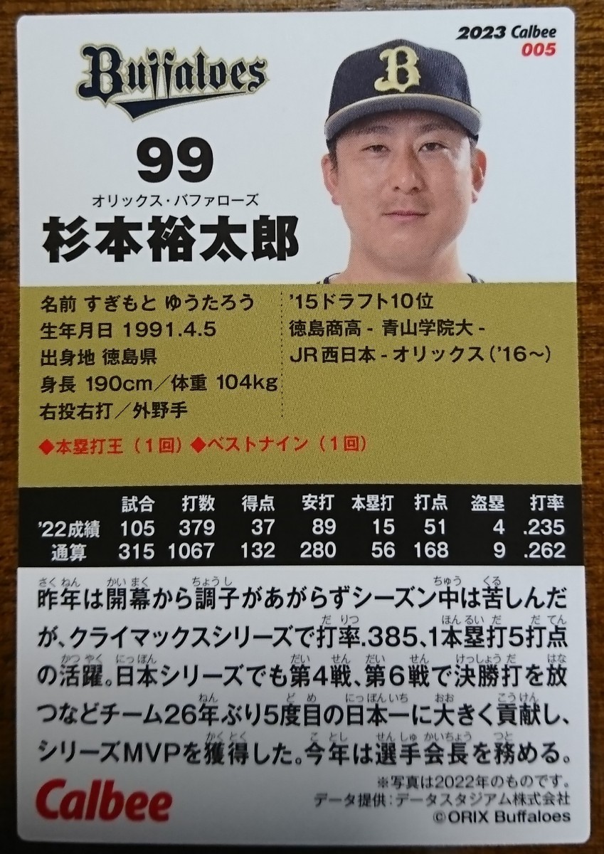 カルビー★2023プロ野球チップス 選手カード★オリックスバファローズ 杉本裕太郎★ノーマルカード★No.005_画像2