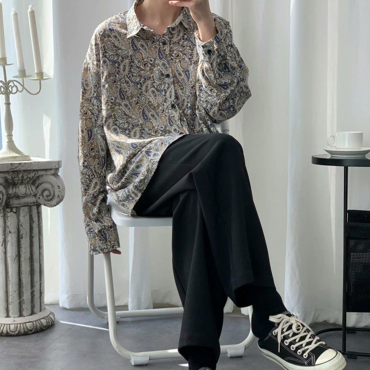 シャツ ビッグシルエット 長袖 アウター ペイズリー トップス メンズ レディース オーバーサイズ ドレスシャツ 総柄 原宿系 韓国系 XL
