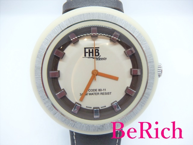 FHB クラシック メンズ 腕時計 F-707 白 ホワイト 文字盤 SS レザー 茶 ブラウン アナログ クォーツ QZ ウォッチ【中古】 ht3519