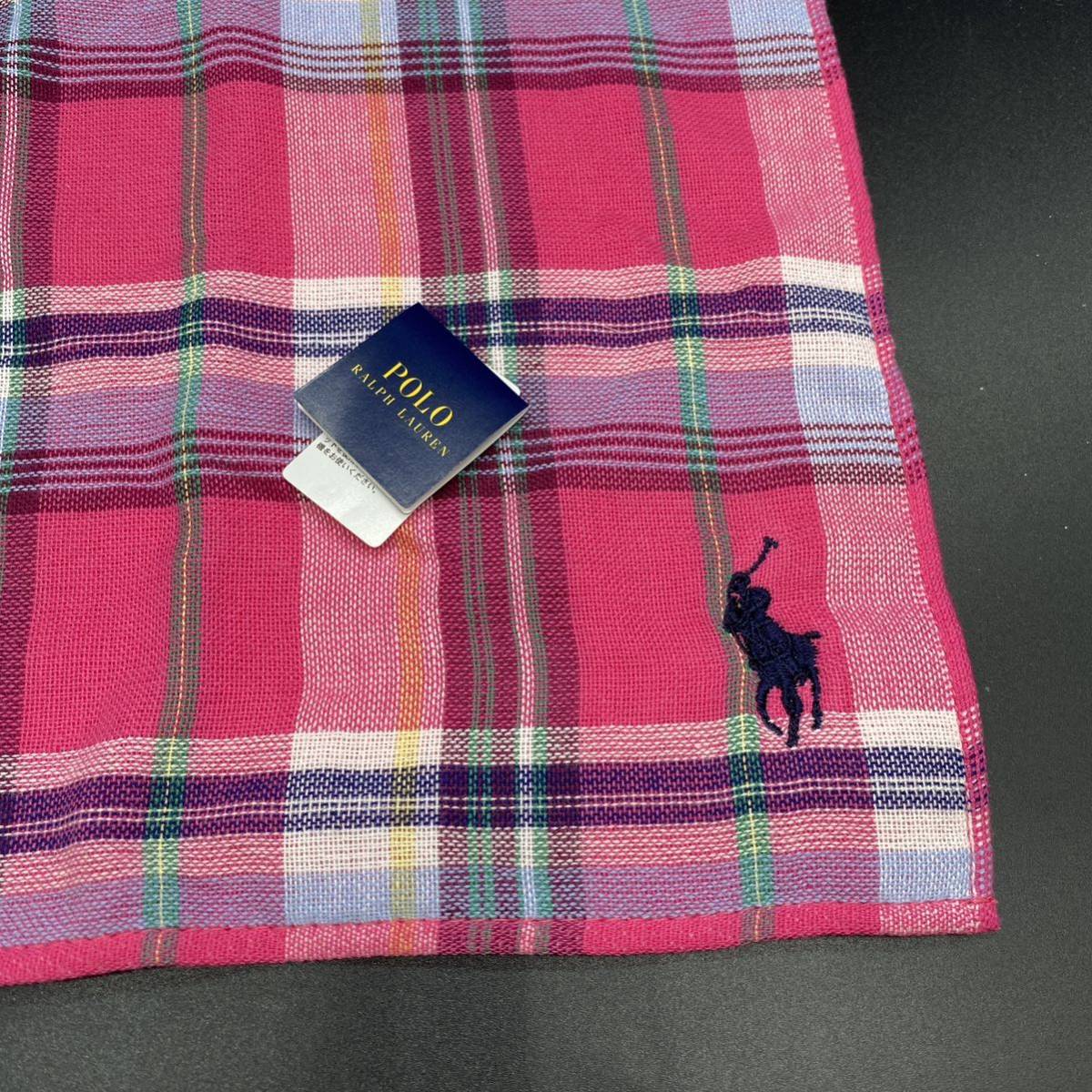 POLO RALPH LAUREN ラルフローレン タオルハンカチ 　濃いめピンク　チェック　　no.19_画像2