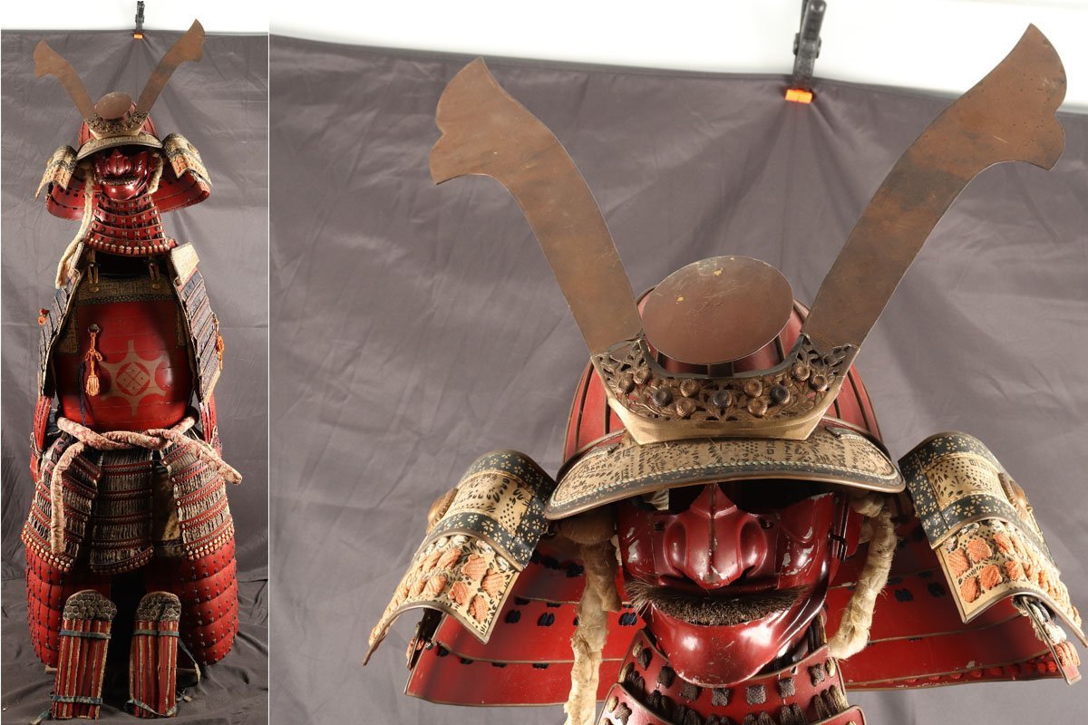 [URA]刀剣美術/等身大赤備え鎧一式/約172cm/7-5-137(検)骨董/兜/武具/甲冑/刀装具/鎧/日本刀/鍔/刀装具